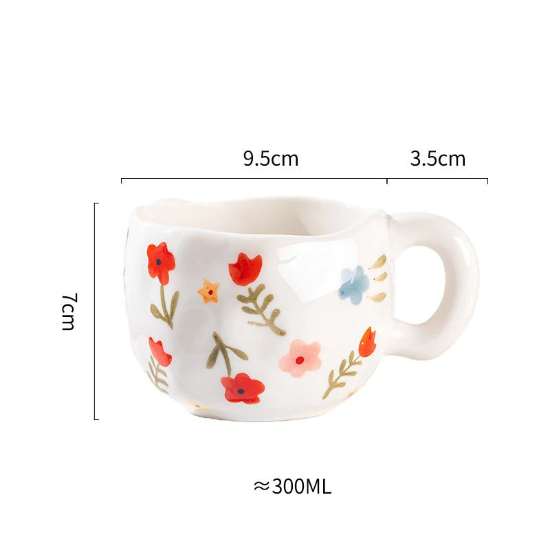 Hand-Pinched Irregular Porcelain Mug 300 ml (10 fl oz) – Flower & Heart Pattern Coffee & Tea Cup, Cute Gift for Kids & Girls