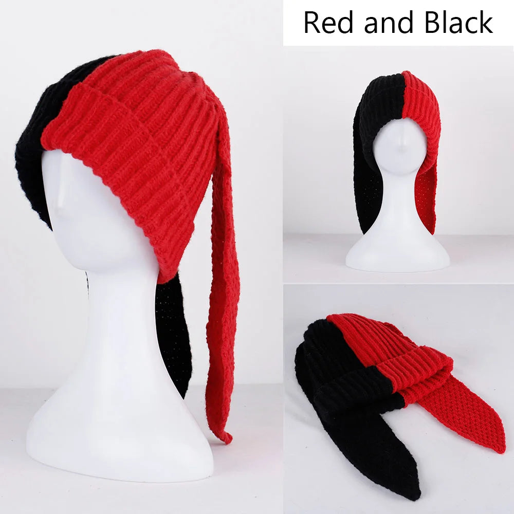Rabbit Ears Knit Beanie – Colorblock Patchwork Cute Warm Unisex Winter Hat for Men & Women