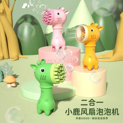 Giraffe 2-in-1 Automatic Handheld Bubble Machine & Fan - Battery-Powered Kids Bubble Blower Toy