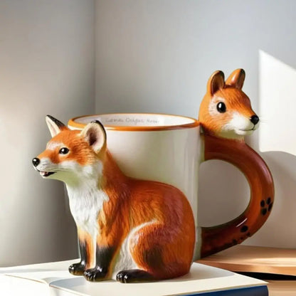 3D Fox & Squirrel Resin Coffee Mug - Cute Animal-Themed Tea Cup, Handmade Gift for Women & Kids, 10 x 8 cm (3.94 x 3.15 in)