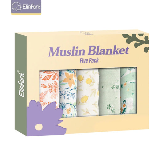 Elinfant 5-Piece Gift Set – Bamboo Cotton Muslin Bibs & Burp Cloths, 100% Cotton, 60x60cm, 2 Layers Baby Scarf & Handkerchief - Kidzy Market