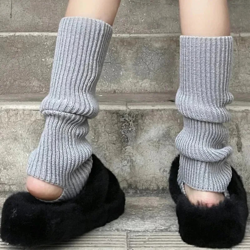 New Japanese Lolita Y2K Solid Color Leg Warmers for Women - Hollowed Out Foot Heel, Warm Knitted Knee-High Socks | Legging Gaiters Cover