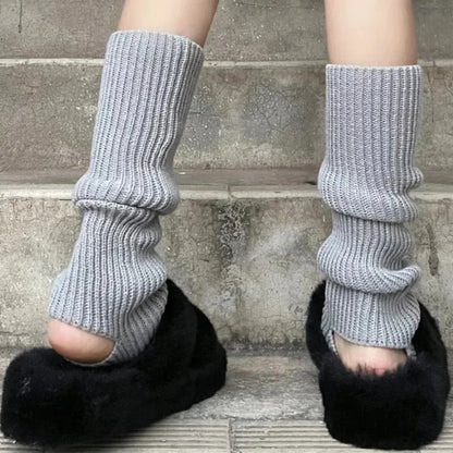 New Japanese Lolita Y2K Solid Color Leg Warmers for Women - Hollowed Out Foot Heel, Warm Knitted Knee-High Socks | Legging Gaiters Cover
