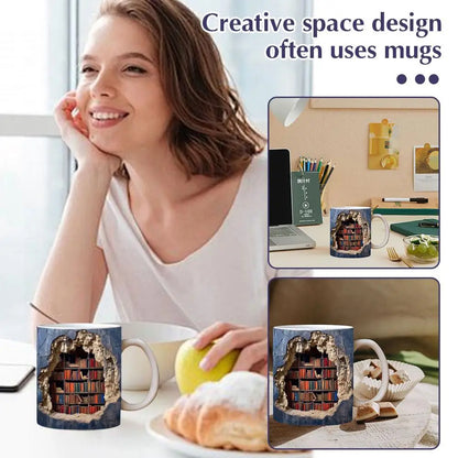 3D Bookshelf Ceramic Coffee Mug - Book Lovers Novelty Cup, Multi-Purpose Gift (3.5 in)