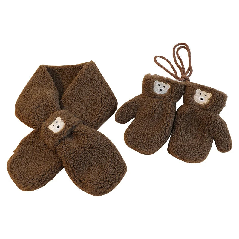 Bear Winter Baby Scarf Gloves Set – Faux Lamb Wool Neck Warmer & Mittens for Boys & Girls (2-6Y) – Warm Korean Kids Accessories