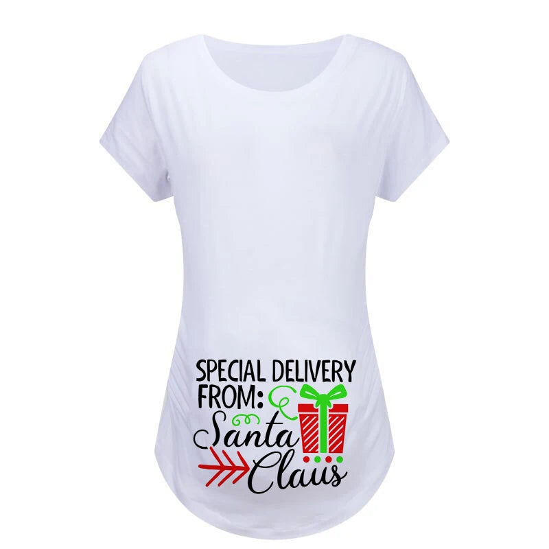 Christmas Women's Maternity T-shirt Santa Baby Printed Pregnant Women T-shirt Pregnancy Casual Short Sleeve White Clothes