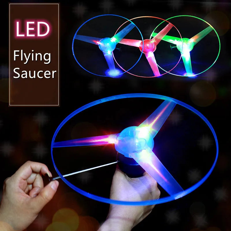Luminous Pull-Line LED Flying Saucer Toy with Launcher — Light-Up Rotating Disk Flyer for Kids & Pets, Outdoor Fun