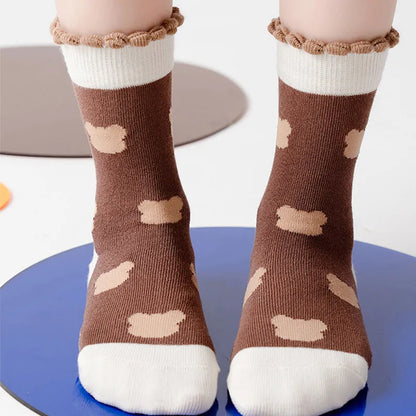 5 Pairs Cartoon Bear Children’s Middle Tube Socks - Autumn & Winter Keep Warm Sport Socks for Girls & Boys | Baby Cotton Socks for Kids