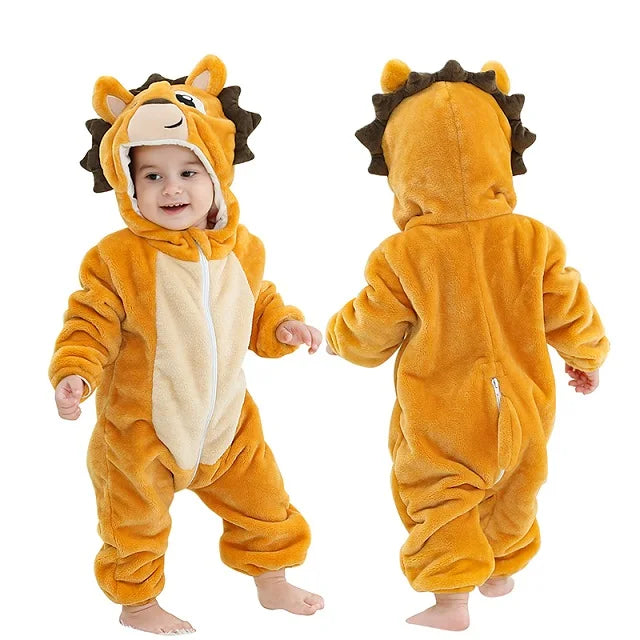 MICHLEY Halloween Dinosaur Baby Romper – Hooded Flannel Jumpsuit for Toddlers & Infants, Winter Costume Bodysuit for Kids