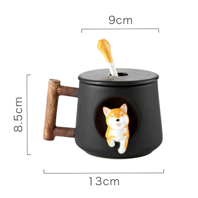 420ml (14.2 fl oz) 3D Shiba Inu Ceramic Mug with Lid & Spoon — Cute Cartoon Coffee & Milk Tea Cup, Gift for Girls