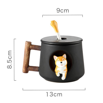 420ml (14.2 fl oz) 3D Shiba Inu Ceramic Mug with Lid & Spoon — Cute Cartoon Coffee & Milk Tea Cup, Gift for Girls