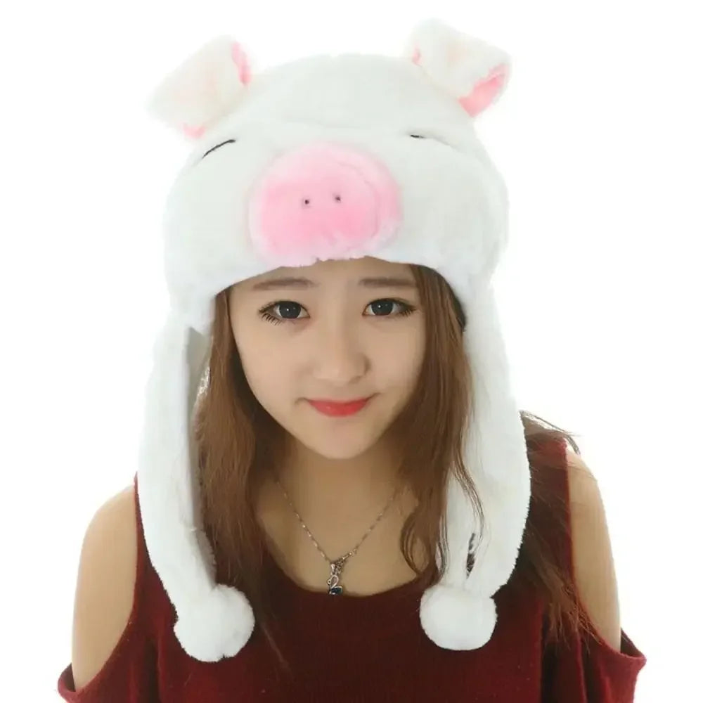 Plush Animal Hat with Moving Ears — 60 cm (23.6 in) Hand-Activated Earflap Beanie & Neck Warmer