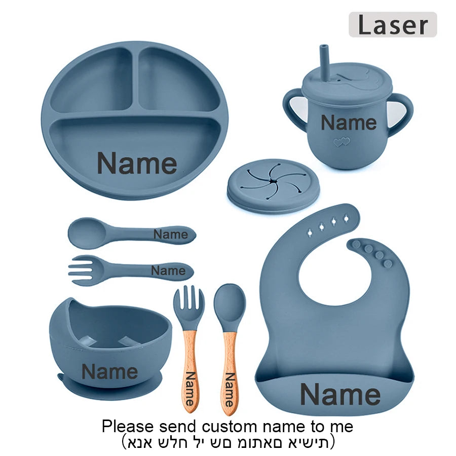 Personalized Cartoon Baby Plate – Silicone Tableware with Sucker Bowl, Food Tray, Sippy Cup, and Spoon – Baby Feeding Accessories