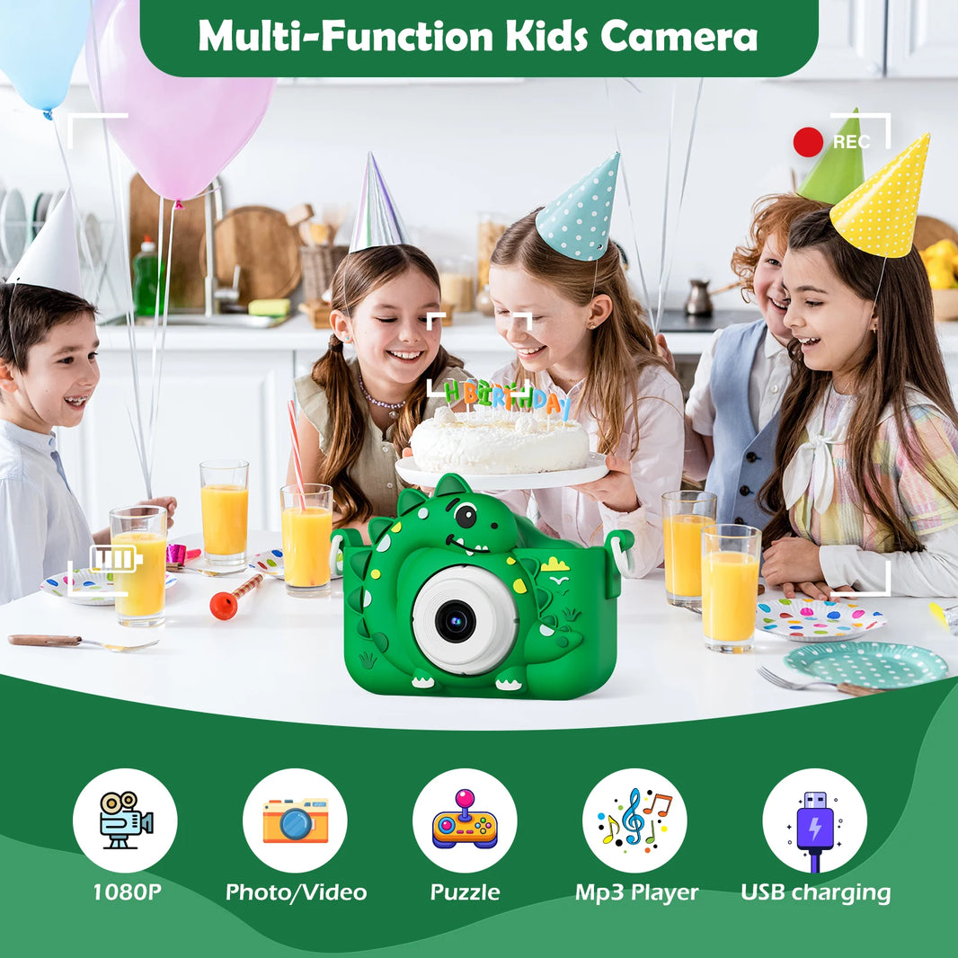 Kids Digital Camera with 32GB Card, 1080P HD Screen, Outdoor Cartoon Dinosaur Design, Photo and Video Toy, Birthday Gift