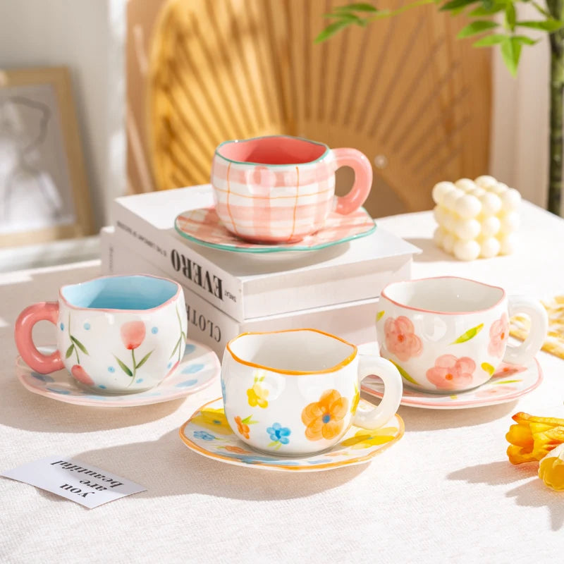 Hand-Pinched Irregular Porcelain Mug 300 ml (10 fl oz) – Flower & Heart Pattern Coffee & Tea Cup, Cute Gift for Kids & Girls