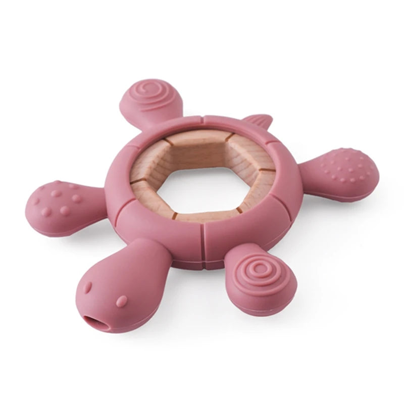 1pc BPA-Free Silicone Turtle Teether - Rodent Shape Baby Gum Pain Relief with Wooden Teether Ring | Infant Sensory Toy Gift