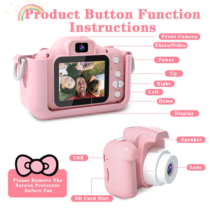 Cute Cat Kids Camera with Dual Lenses, 32GB Card, Silicone Case, HD Video Toy Gift