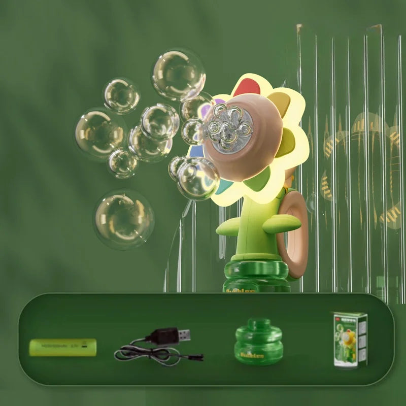 Sunflower Bubble Machine for Kids – Battery-Powered Automatic One-Button Bubble Maker with Shaking Head & LED Lights
