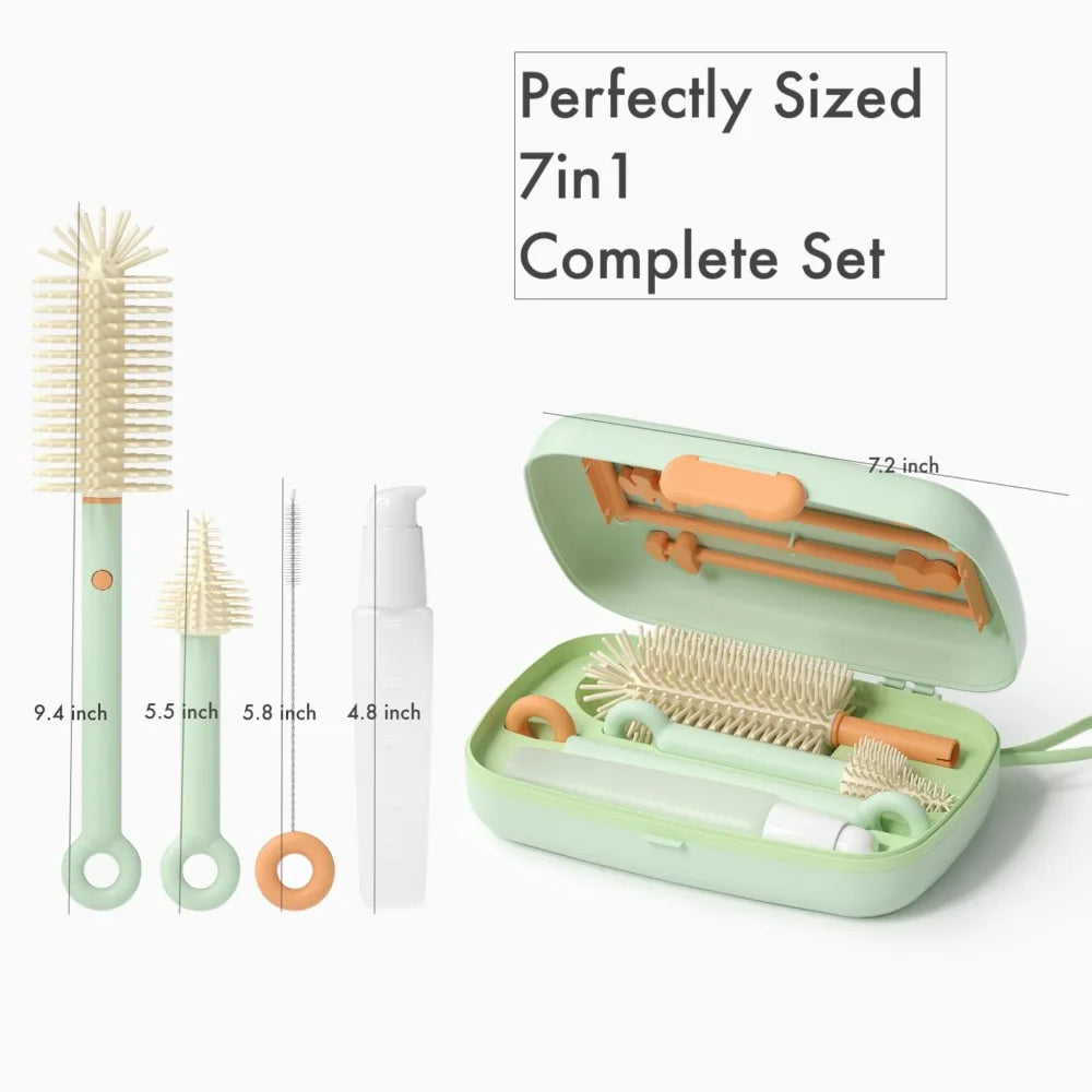 Travel Baby Bottle Cleaning Kit - Retractable Silicone Brush Set for Teat, Straw & Breast Pump, Portable Cleaning