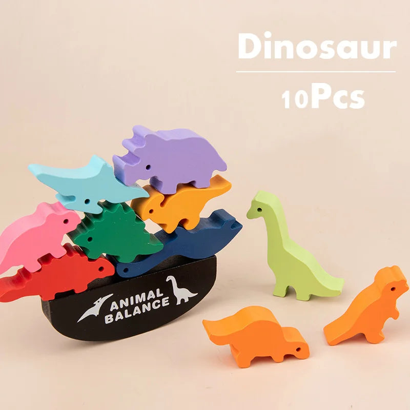 Wooden Balance Blocks – Animal & Dinosaur Stacking Toy, Montessori Board Game for Kids, Gift for Boys and Children