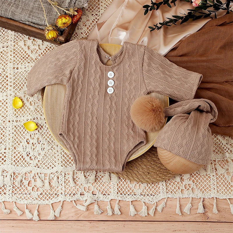 Ylsteed 2-Piece Set Newborn Photo Shooting Clothes – Knitted Baby Boy Jumpsuit with Pompom Hat Infant Photography Props