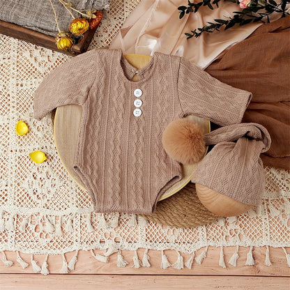 Ylsteed 2-Piece Set Newborn Photo Shooting Clothes – Knitted Baby Boy Jumpsuit with Pompom Hat Infant Photography Props