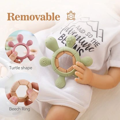 1pc BPA-Free Silicone Turtle Teether - Rodent Shape Baby Gum Pain Relief with Wooden Teether Ring | Infant Sensory Toy Gift