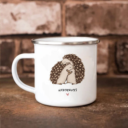 Hedgehog Hug Enamel Camping Mug - 11 oz (350 ml) Cute Coffee & Camping Cup Gift