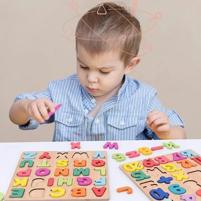 Colorful Alphabet & Number Wooden Puzzles, Kids Intelligent Matching Game, Preschool Children Early Educational Toy