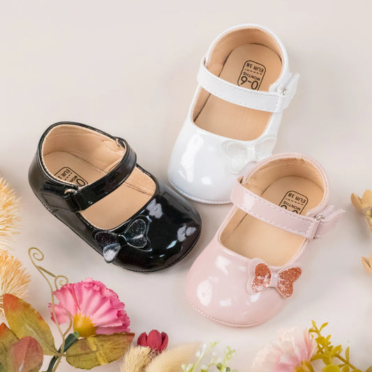 KIDSUN Baby Shoes – Newborn Girl Princess PU Toddler Shoes, Bow Decor Anti-Slip Rubber Sole First Walker (0-18M)