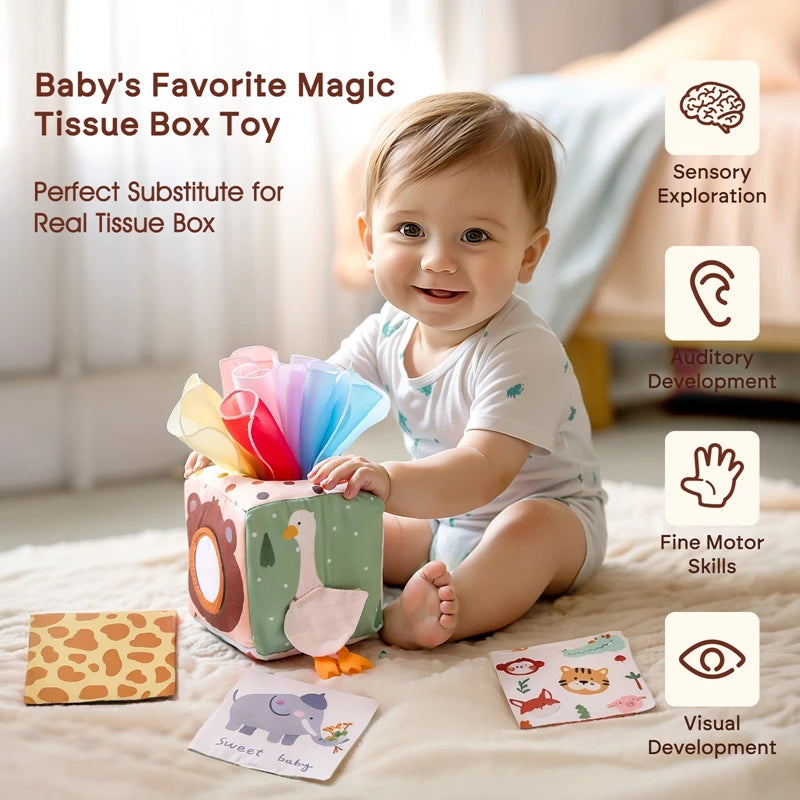 Baby Montessori Cotton Magic Tissue Box Toy – Finger Exercise Busy Board Game, Educational Soft Rattle Cloth Book Gift