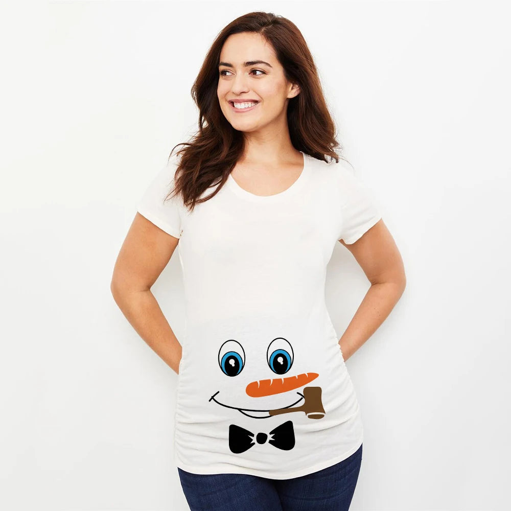 Christmas Pregnant Women T-shirt Snowman Cartoon Printed Pregnancy Announcement Clothes Maternity White Short Sleeve Top