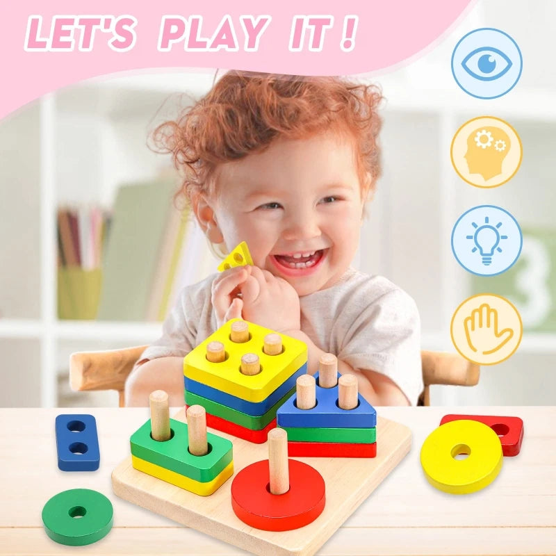 Educational Wooden Toys – Geometric Shapes Montessori Puzzle, Color Sorting Math Bricks for Baby, Preschool Learning Game