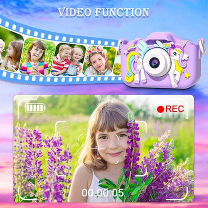 Kids Mini Cartoon Unicorn Camera Toy with 2-Inch Screen, 1080P HD Video, 32GB SD Card, Birthday Gift
