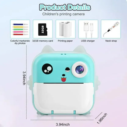 Kids Digital Camera Toy with Instant Thermal Print, 1080P HD Photo & Video, 32GB Memory Card
