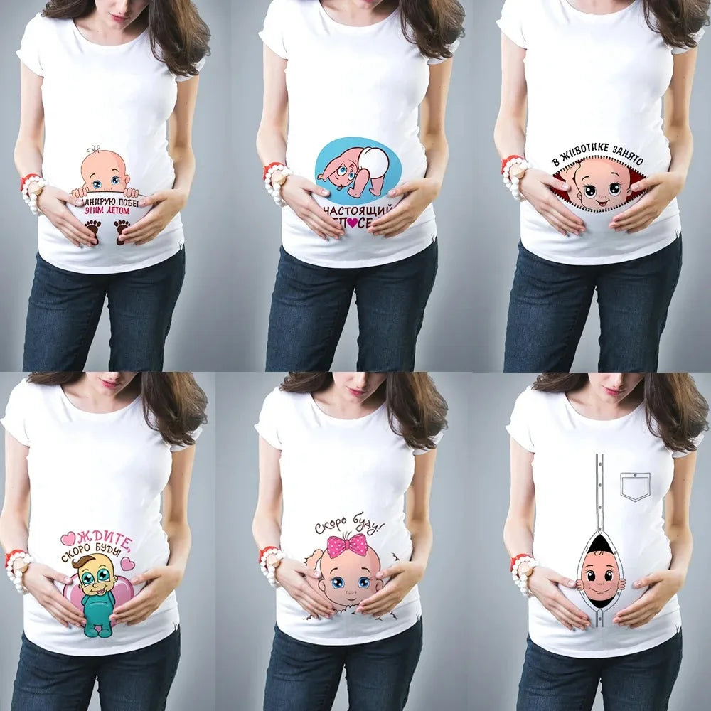 Fashionable Cute Baby Pregnancy T-Shirt for Women | Pure Cotton Printed Fun Summer Short Sleeve White Top