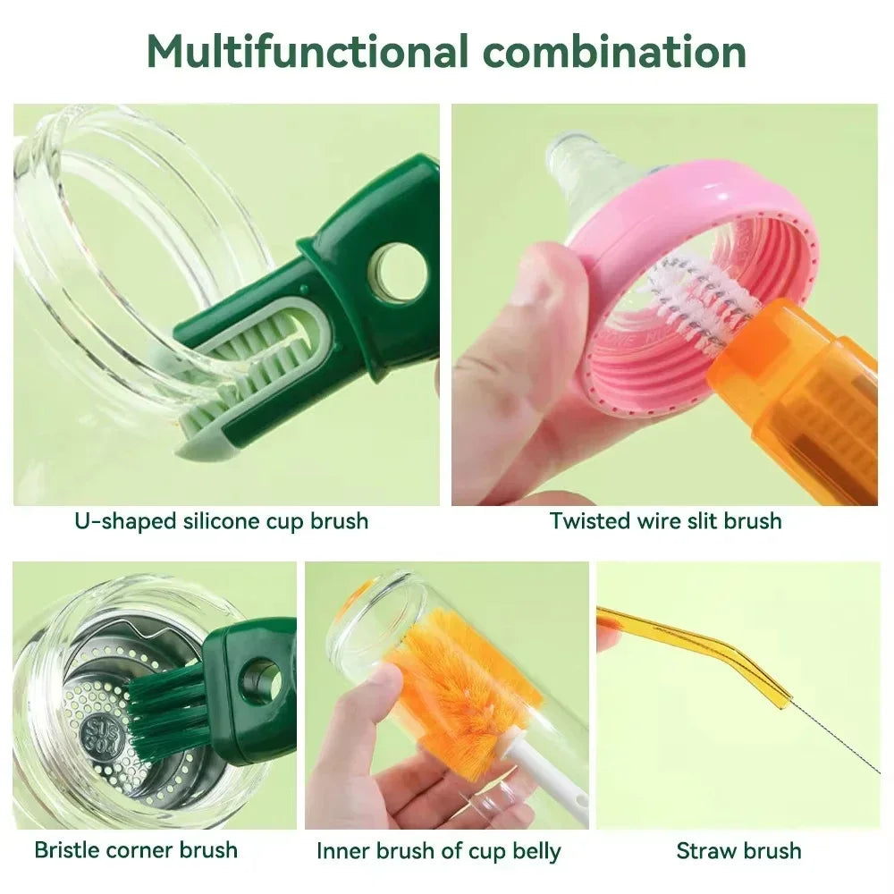 Silicone 5 in 1 Bottle Brush, Nylon Bristle, Hanging Hole, Long Handle, 360 Degree Rotating, Baby Pacifier Cup Cleaning Brush Tool