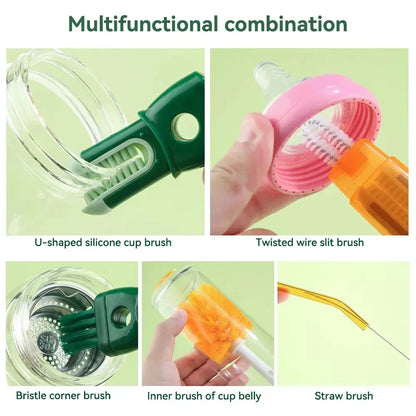 Silicone 5 in 1 Bottle Brush, Nylon Bristle, Hanging Hole, Long Handle, 360 Degree Rotating, Baby Pacifier Cup Cleaning Brush Tool