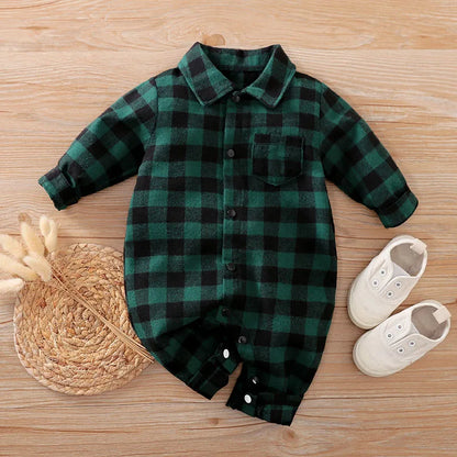Newborn Baby Boy Christmas Romper – Green Plaid One-Piece Gentleman Suit (New Year Jumpsuit, Baby Boy Costume)