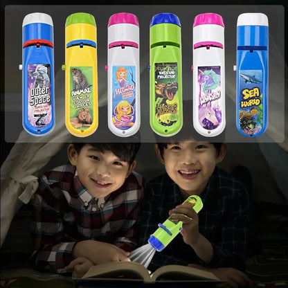 Kids Projection Flashlight Toy — 24-Pattern Storytelling Night Light with Dinosaur, Ocean & Space Slides