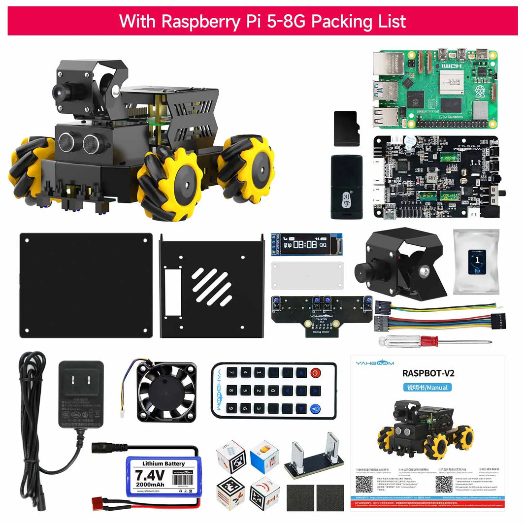 Yahboom Raspbot V2 AI Vision Robot Car Kit, Mecanum Wheel, Camera, Educational DIY Python Programming for Raspberry Pi 5