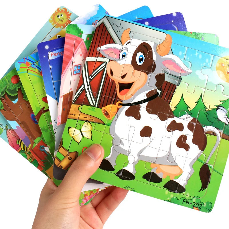 New 20 Piece Wooden 3D Puzzle, Cartoon Animal & Vehicle Jigsaw, Montessori Educational Toy for Kids, Baby 1-3 Years