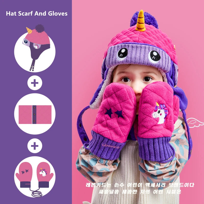 Kids Winter Dinosaur & Unicorn Style Hat, Scarf & Gloves Set – Warm Beanie Caps & Ski Suit for Boys & Girls Outdoor Riding Accessories – view 17