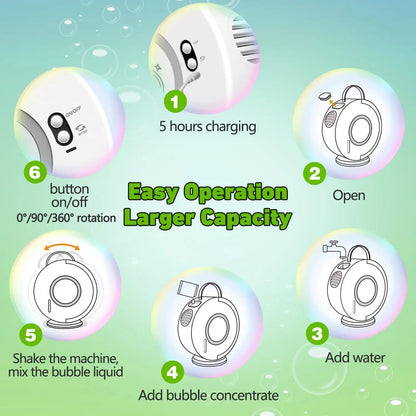 Automatic Bubble Machine — 360° Rotating Portable Bubble Blower, Battery-Powered Bubble Maker for Outdoor Parties & Weddings