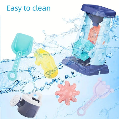Kids Beach Toy Set With Sand Wheel, Bucket, Shovel, Rake & Sailboat Molds — Summer Sandbox Play