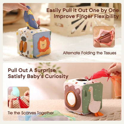 Baby Montessori Cotton Magic Tissue Box Toy – Finger Exercise Busy Board Game, Educational Soft Rattle Cloth Book Gift
