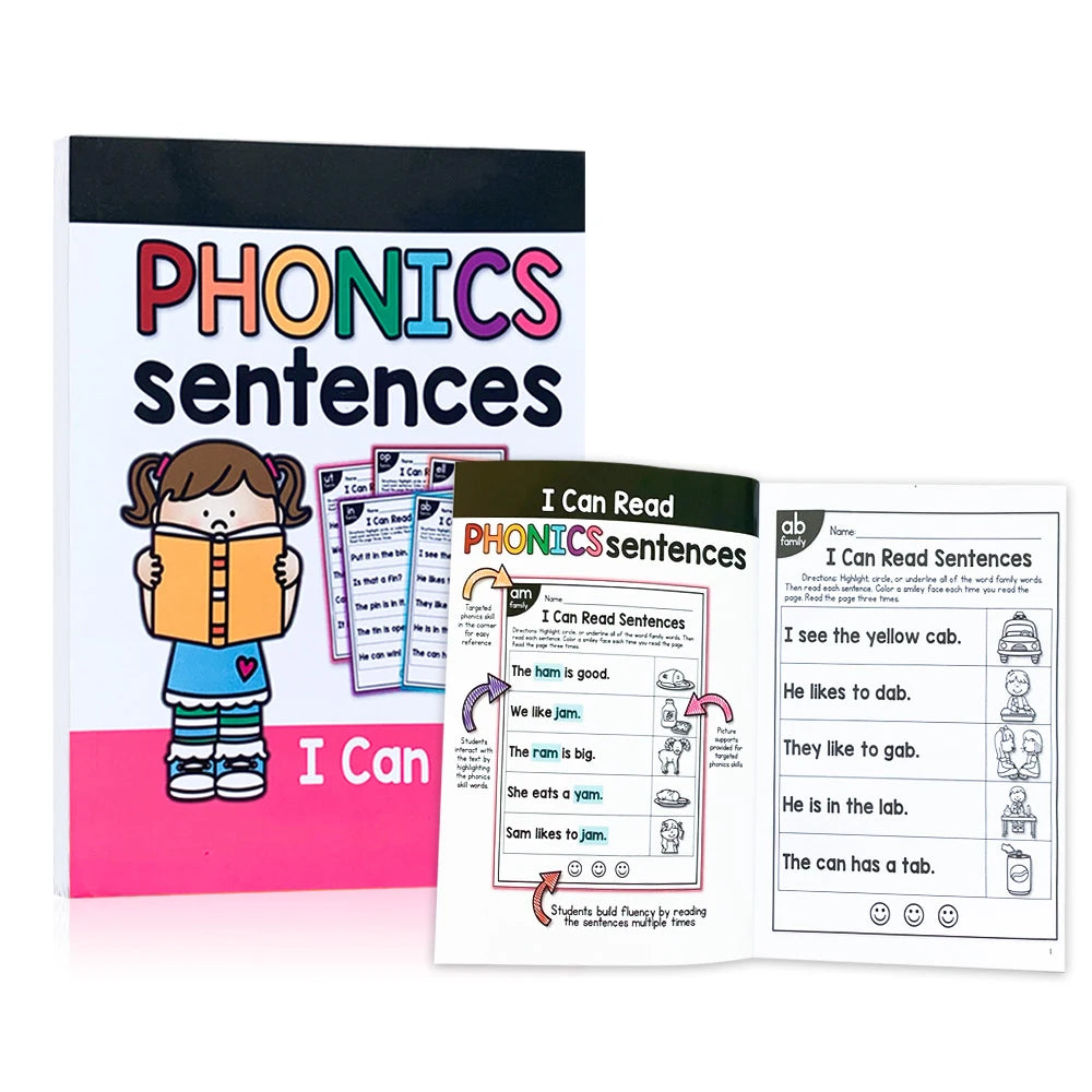 Kids English Phonics Exercise Book – I Can Read Sentences Educational Workbook for Children Montessori Teaching Aid