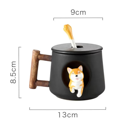420ml (14.2 fl oz) 3D Shiba Inu Ceramic Mug with Lid & Spoon — Cute Cartoon Coffee & Milk Tea Cup, Gift for Girls