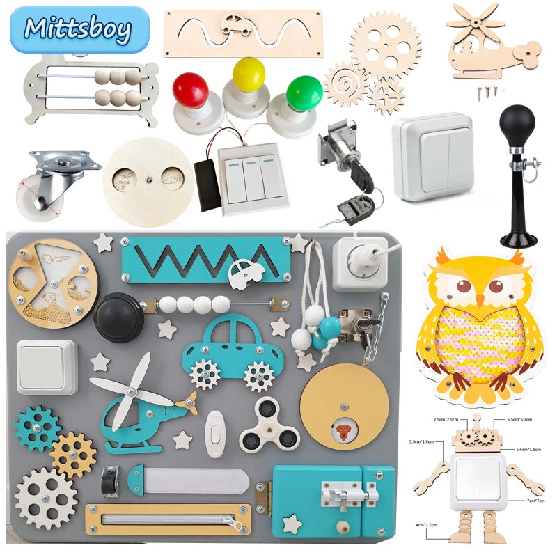 Baby Montessori Busy Board DIY Wooden Toy – Accessories with Robot, Lock, Gear, Horn, and Zipper, Educational Graffiti Toy for Children Gifts