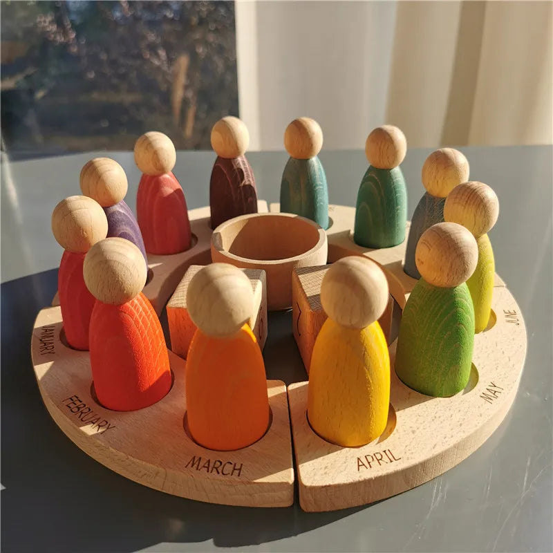 Wooden Beech Rainbow Calendar & Peg Dolls – Stacking Blocks and Wizard Figurines Toy for Kids